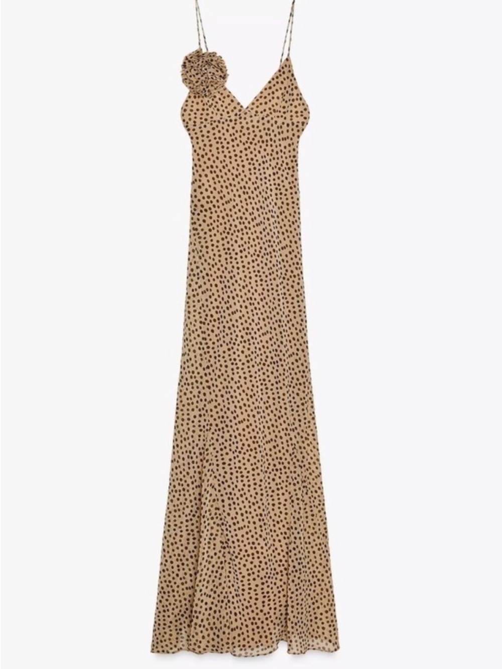 Zara Tan Maxi Slip Dress with Black Spot Print